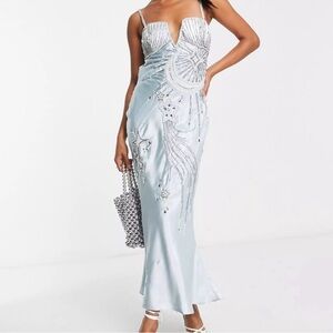 ASOS Design | Blue Satin Embellished Moon & Shooting Stars Dress